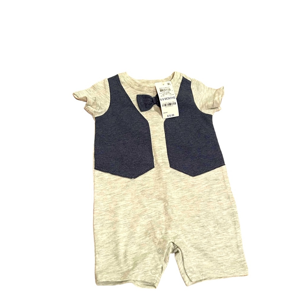First impressions light gray and navy blue romper.